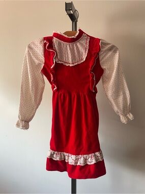 70s Vintage Prairie Cottagecore Polka Dot Velvet Dress Kids Girls Children’s